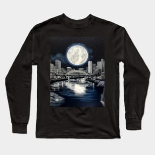 Full Sturgeon Moon Over the City of Roses (Portland Oregon) on a Dark Background Long Sleeve T-Shirt